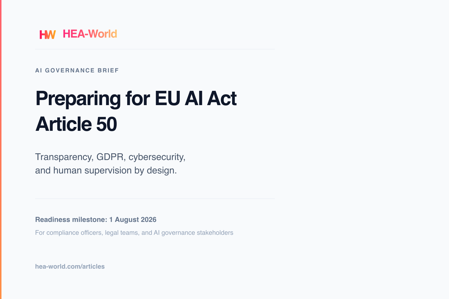 HEA-World AI governance brief cover for EU AI Act Article 50 readiness
