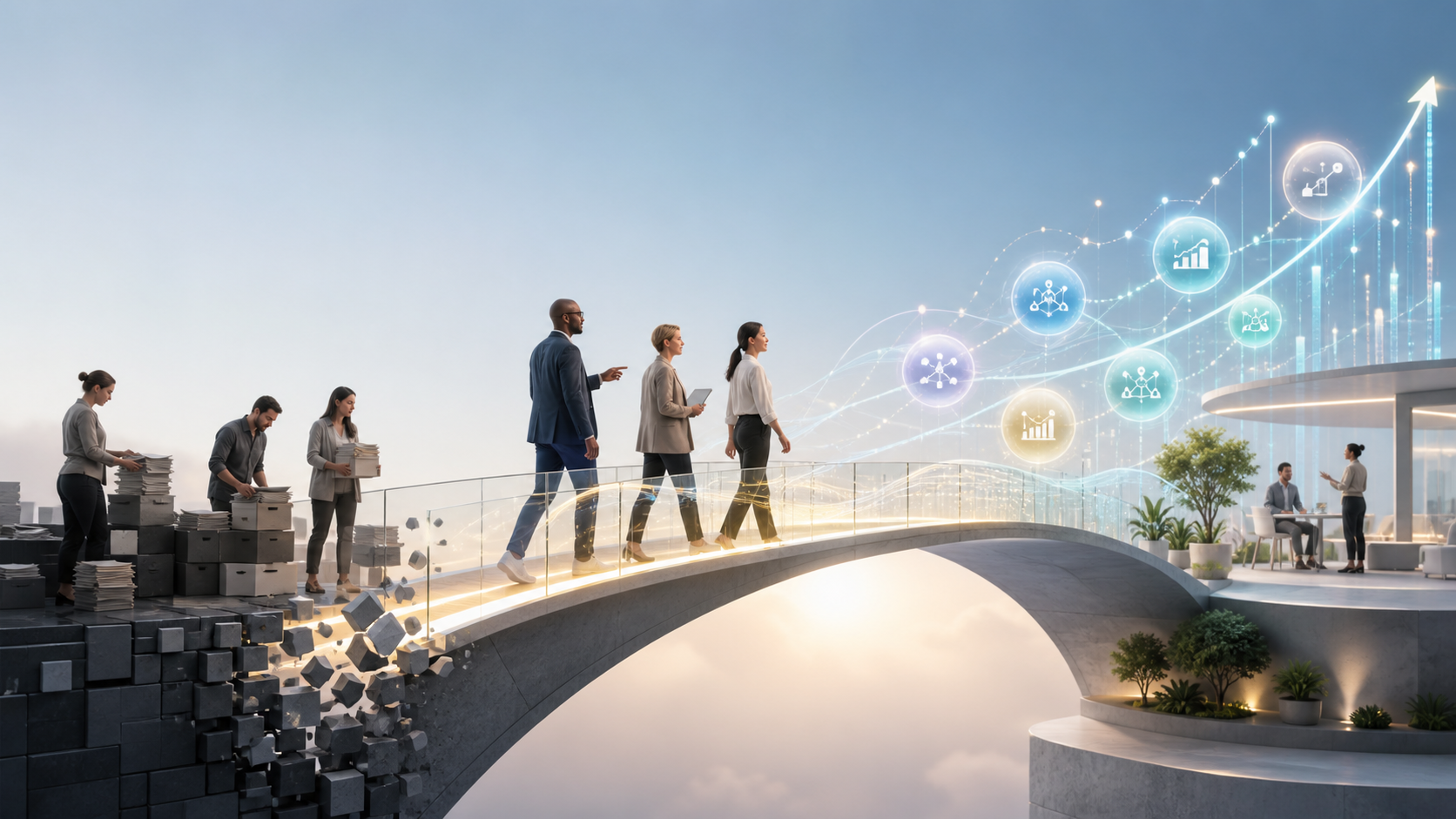 Illustration of professionals crossing a glowing bridge from scattered paper work to a governed, measurable AI workplace