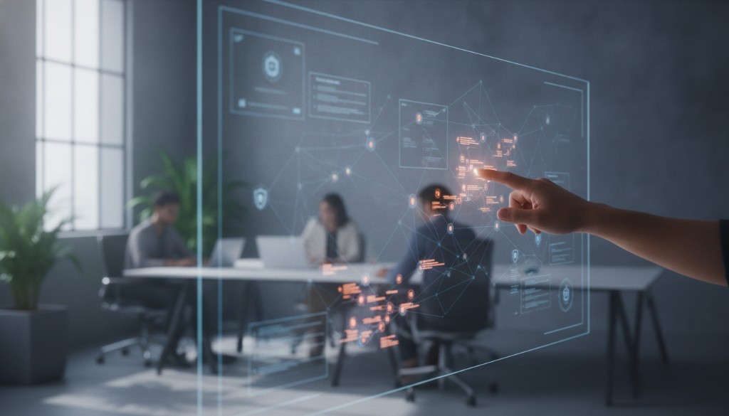 A holographic network overlay in an office as a hand selects a governed node — from isolated AI pilots to connected, compliant agency workflows