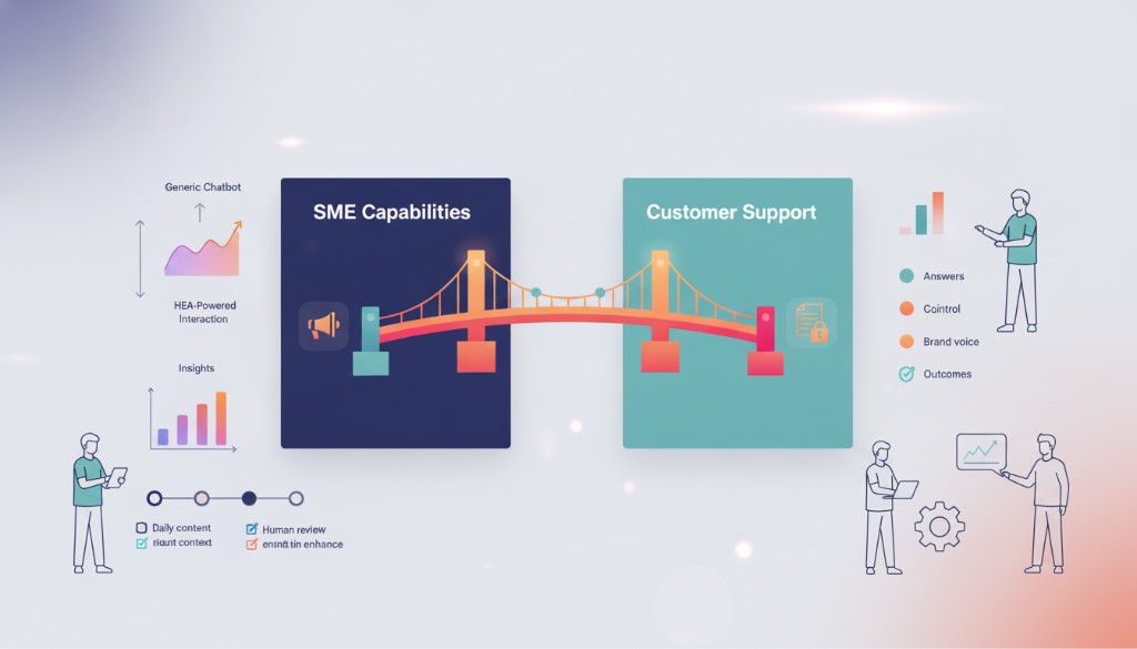 Infographic of a Human-Enhanced Agent bridging SME capabilities to customer support, with governed content, human review, brand voice, and measurable outcomes