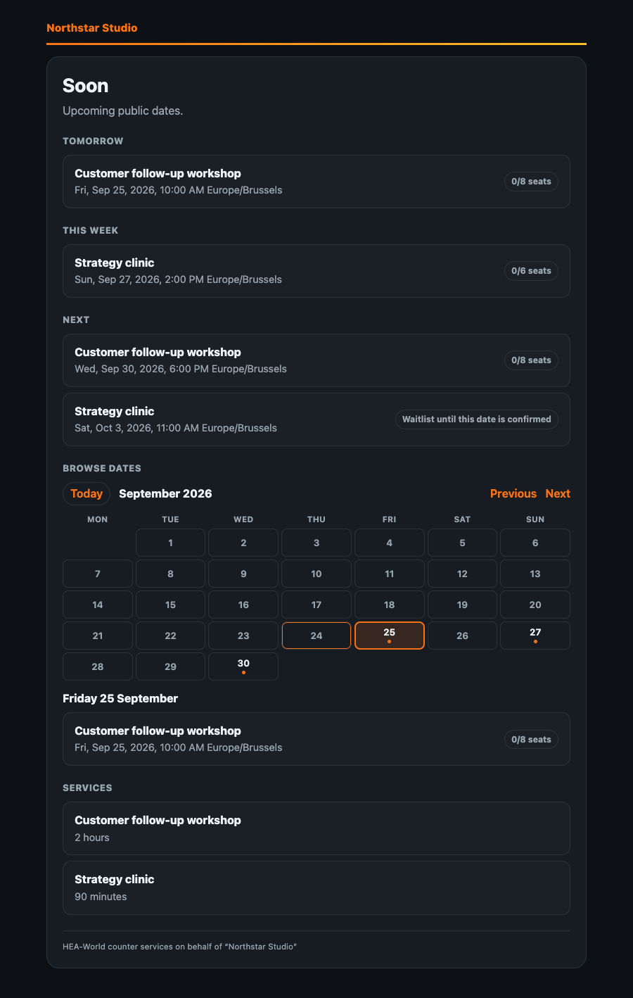 Counter public booking page with available dates in dark mode