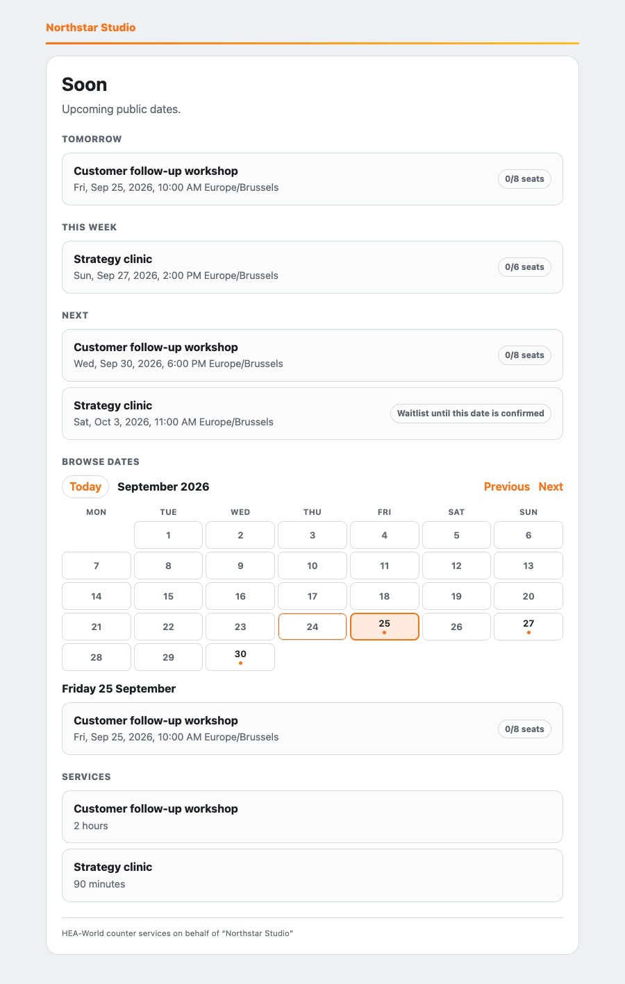 Counter public booking page with available dates