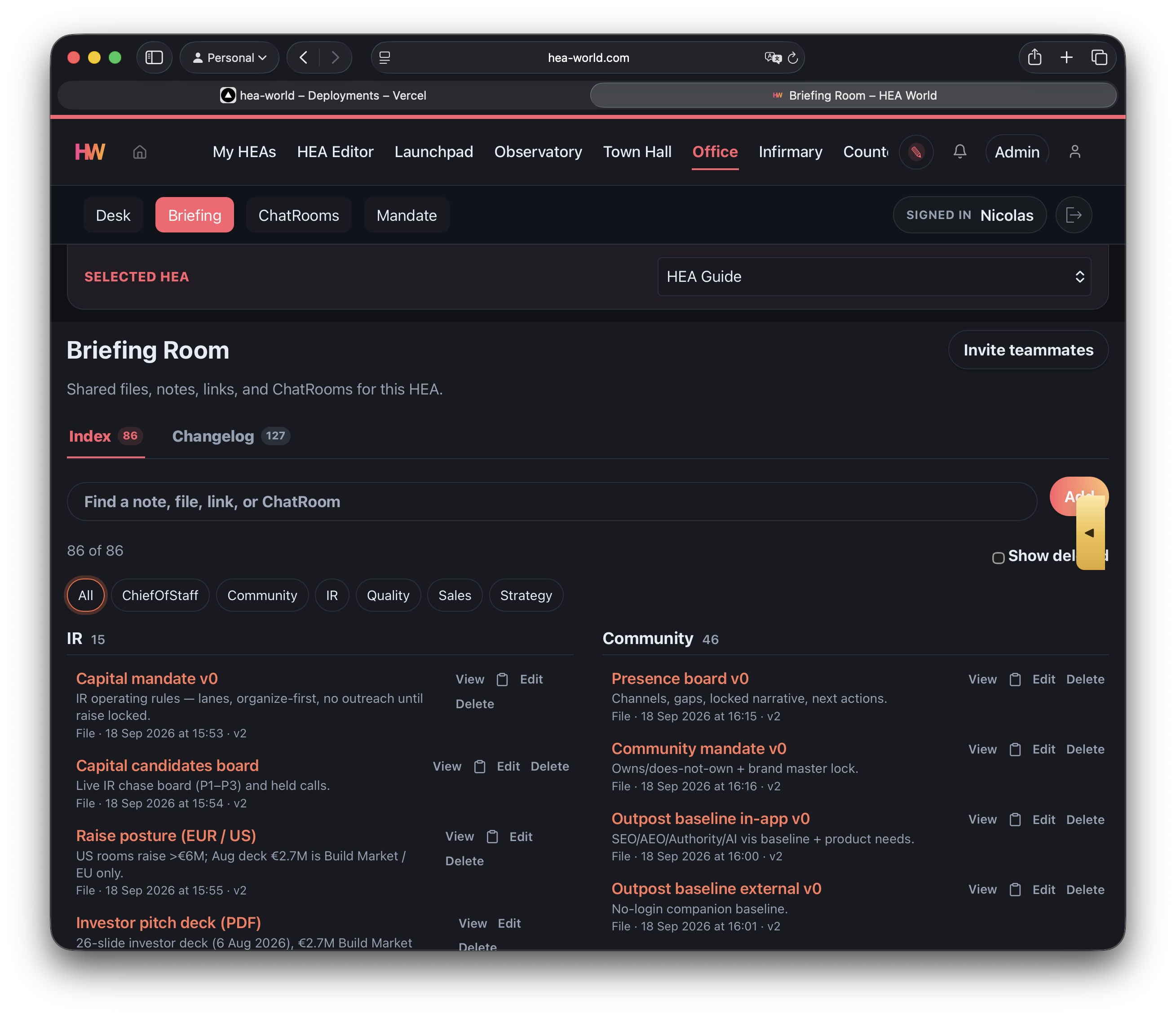 HEA Briefing Room with shared files, notes, links, and ChatRooms in dark mode