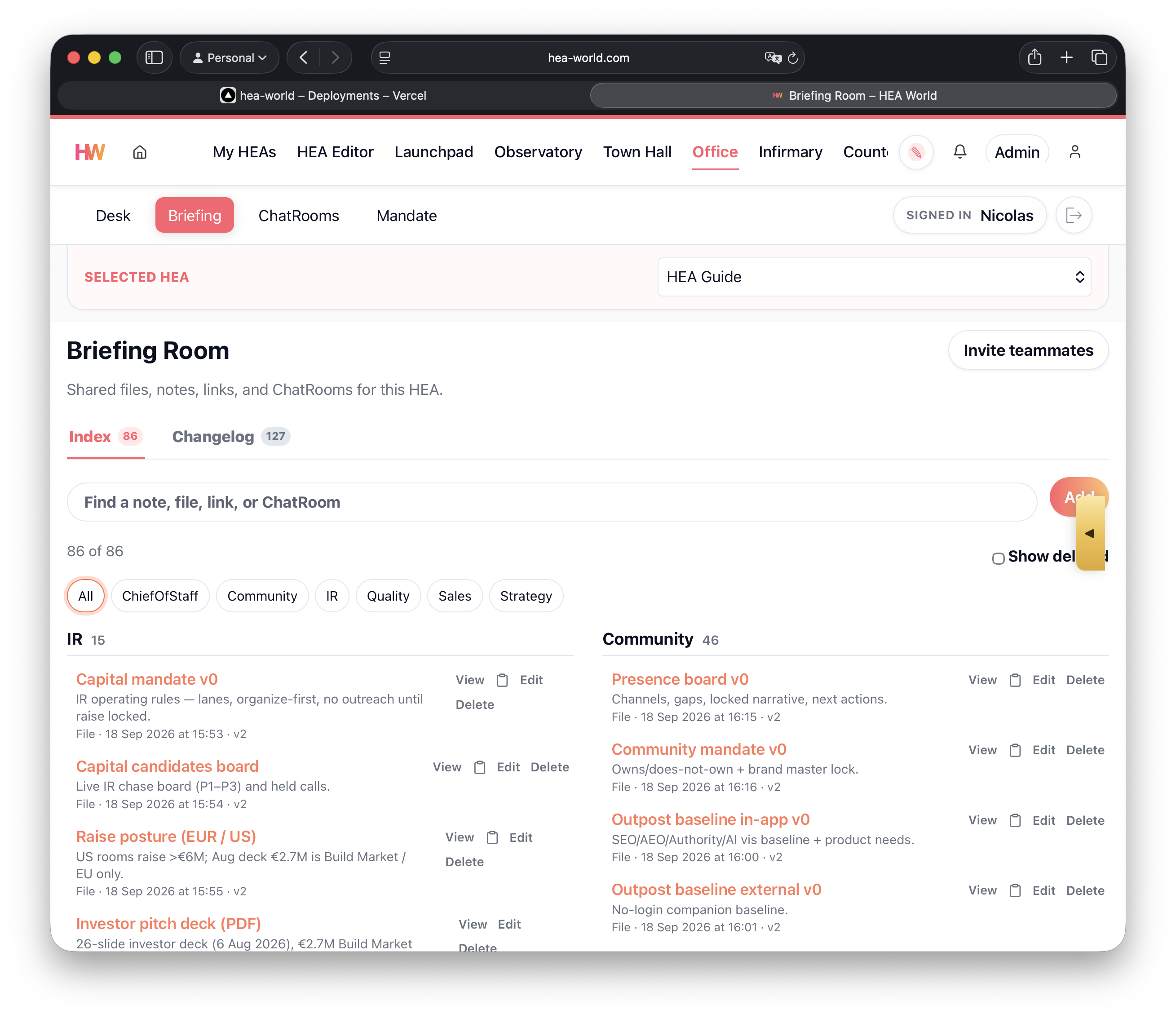 HEA Briefing Room with shared files, notes, links, and ChatRooms in light mode