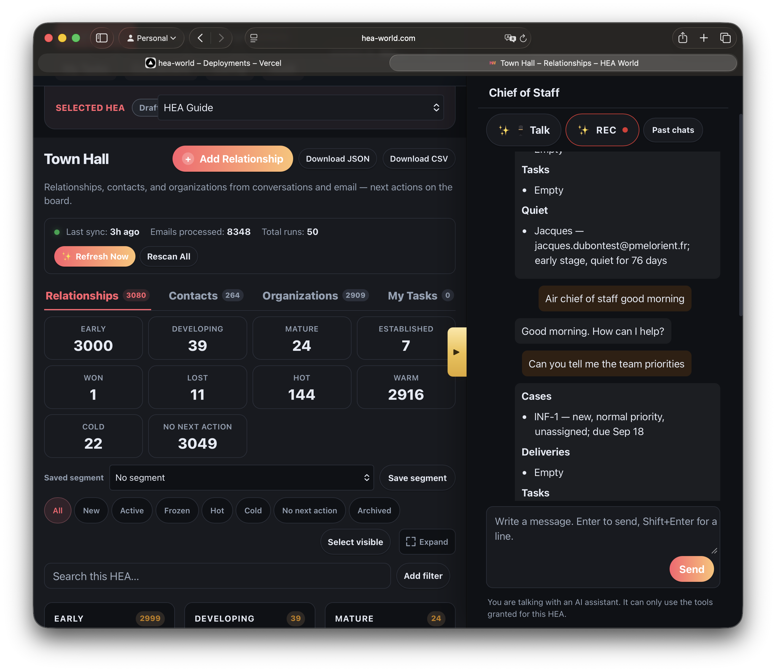 Town Hall relationships beside the HEA Chief of Staff in dark mode