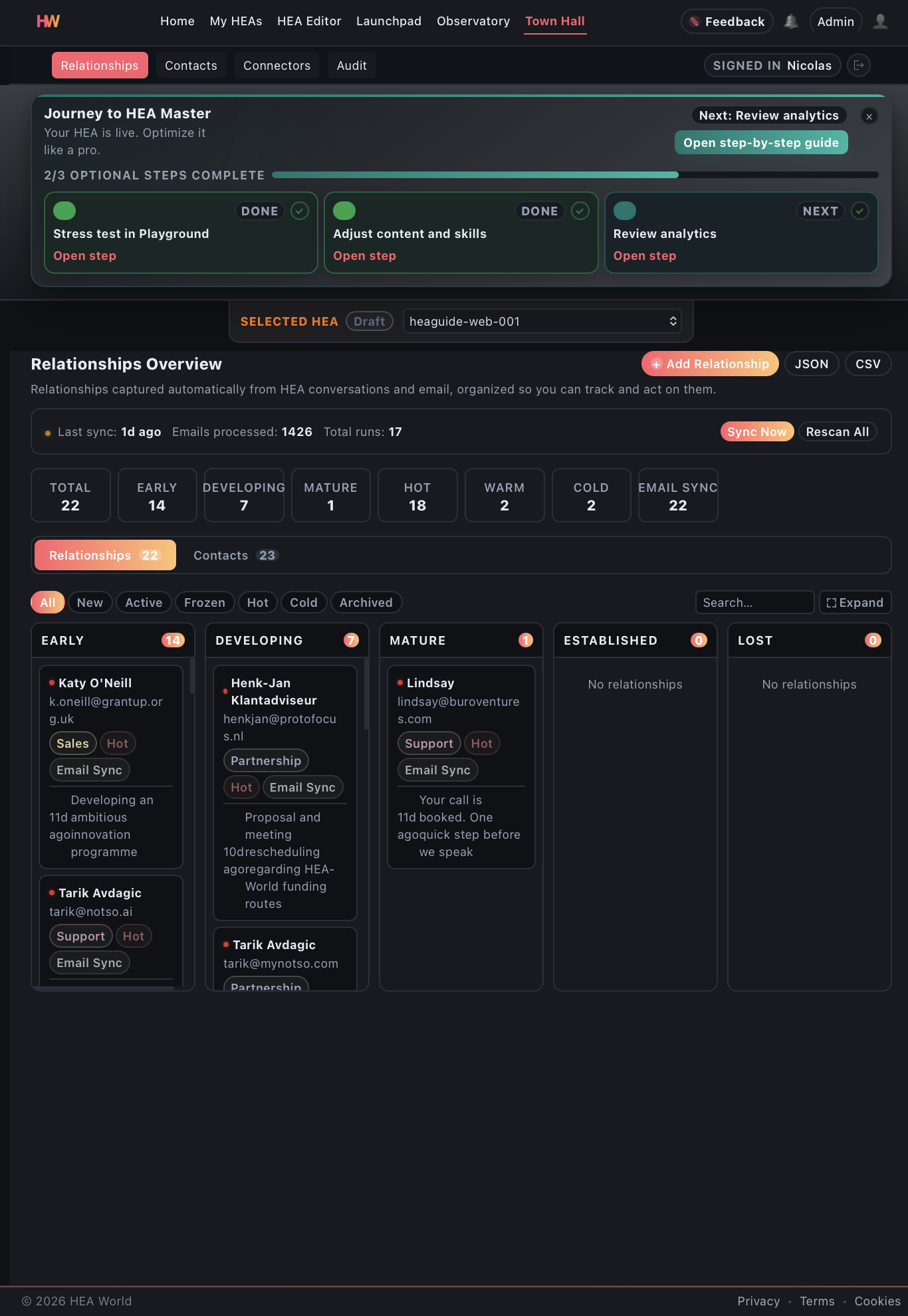 Town Hall — pipeline and contact management (dark mode)